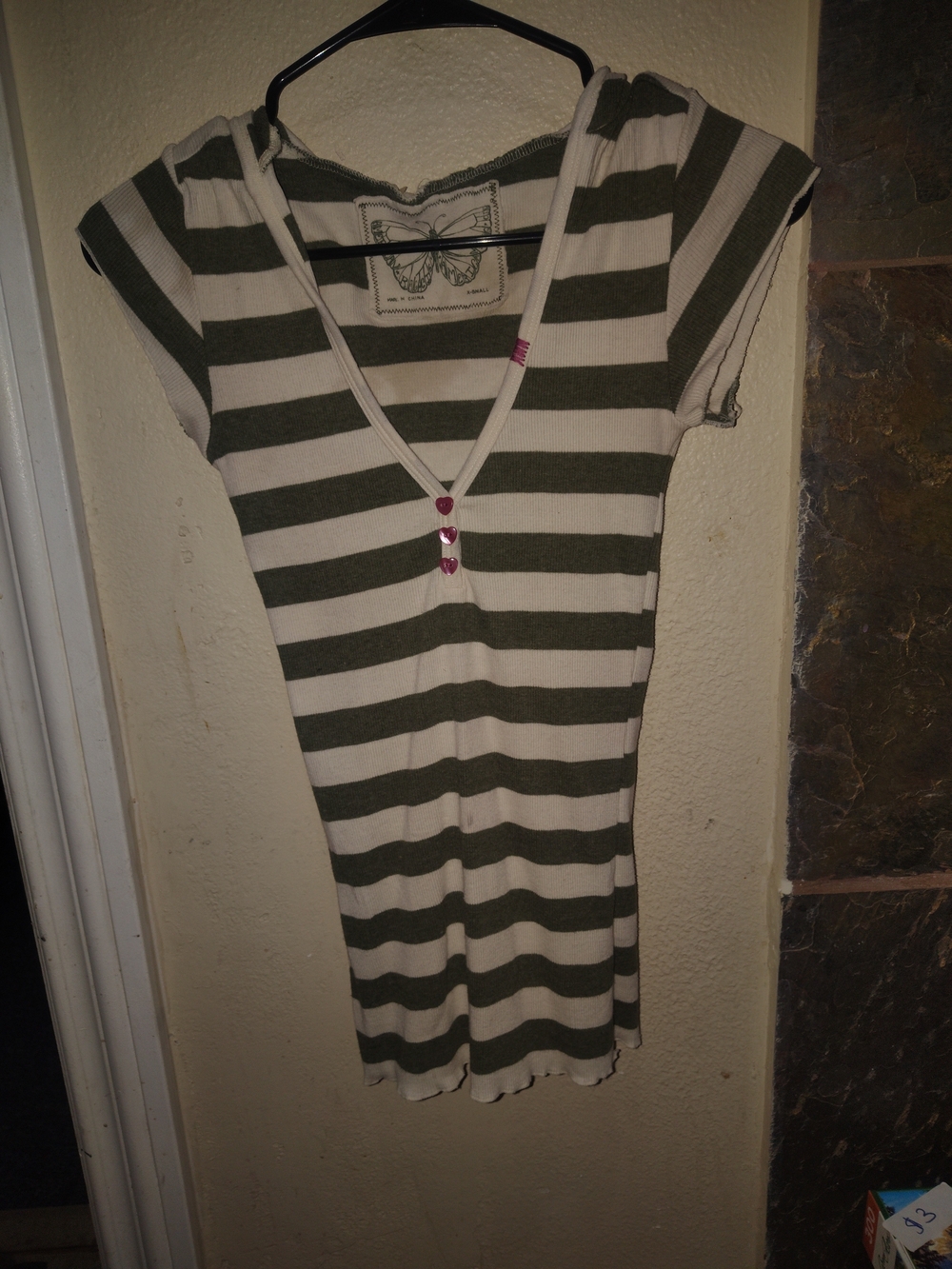 Vintage American Rag Olive and White Striped V-Neck Shirt With Hoodie